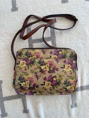 Floral Crossbody Bag in Beige with Purple & Yellow Roses Patricia Nash